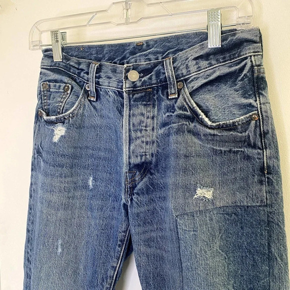 Levi's 501 Color-block Patchwork Ragged Lands Raw Hem Slim Straight Jeans - Picture 4 of 9